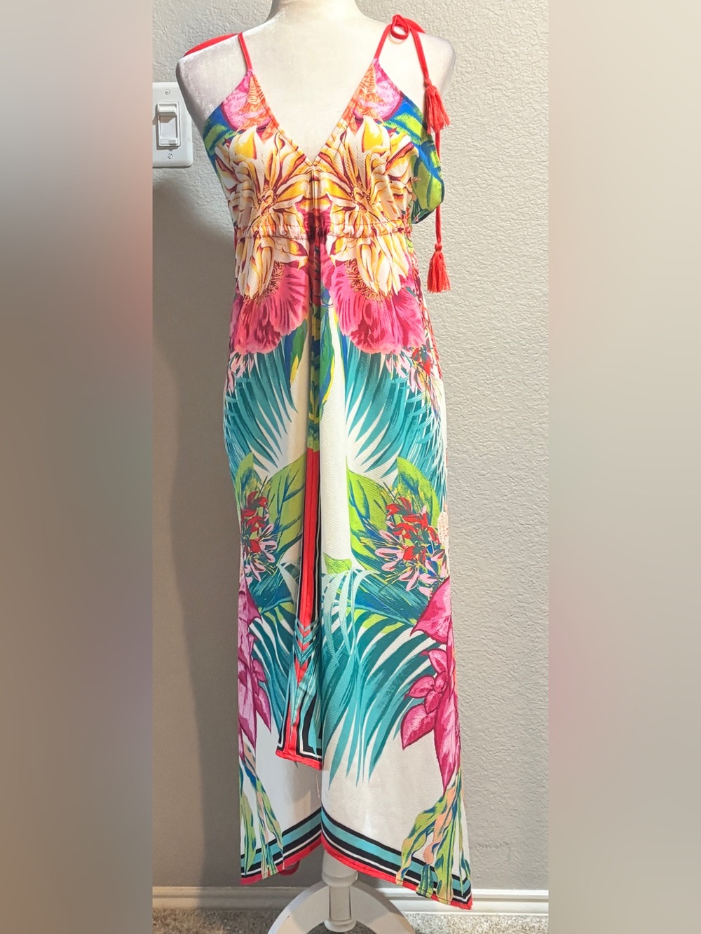 Flying Tomato Tropical Floral Tie-Shoulder Maxi Dress in Pink, Green & Yellow - Picture 2 of 4